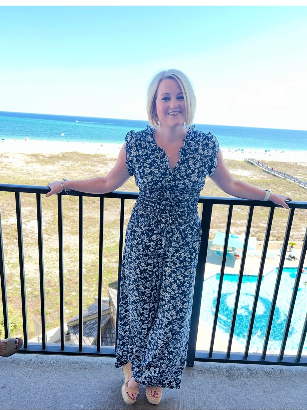Max Studio Navy and White Floral Smocked-Waist Jumpsuit - Picture 2 of 7